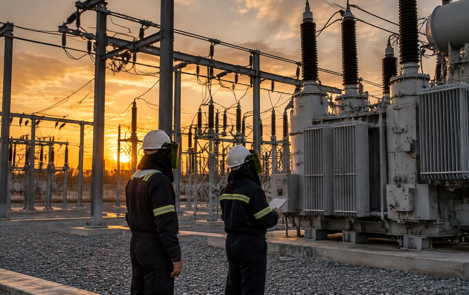 High-voltage substation with electrical contractors inspecting equipment
